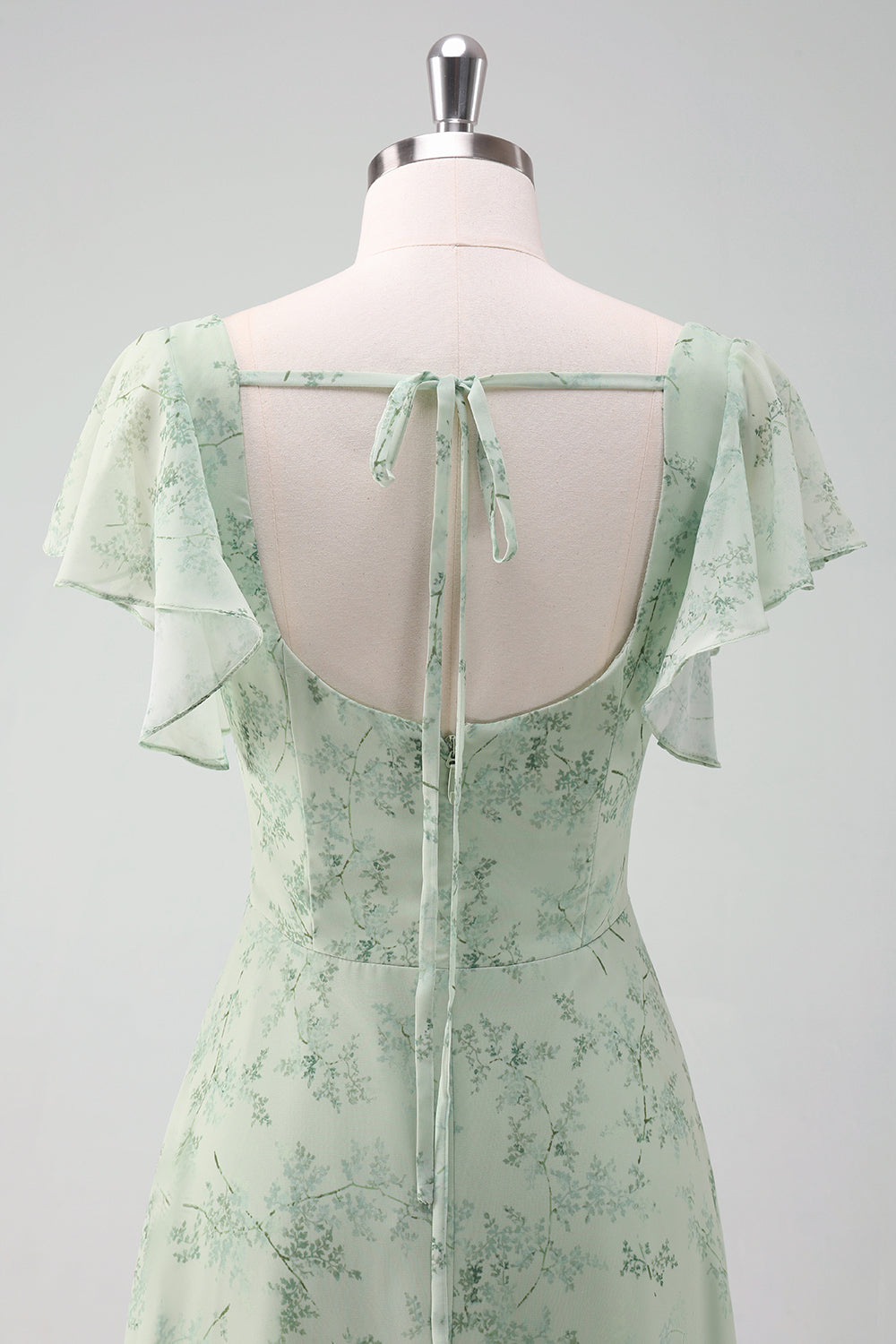 Grey Green Ruffled Floral Bridesmaid Dress with Slit