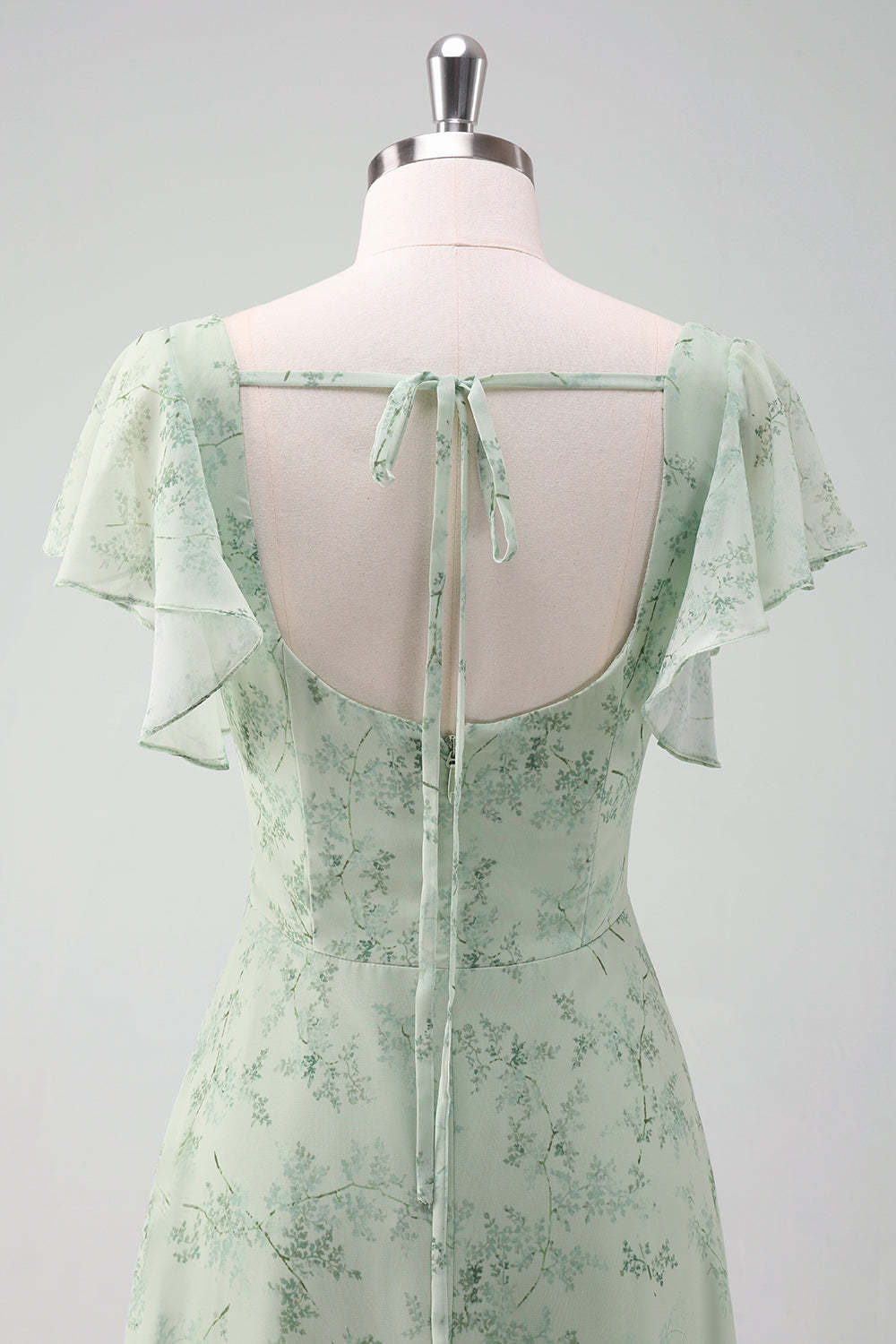 Grey Green Ruffled Floral Bridesmaid Dress with Slit