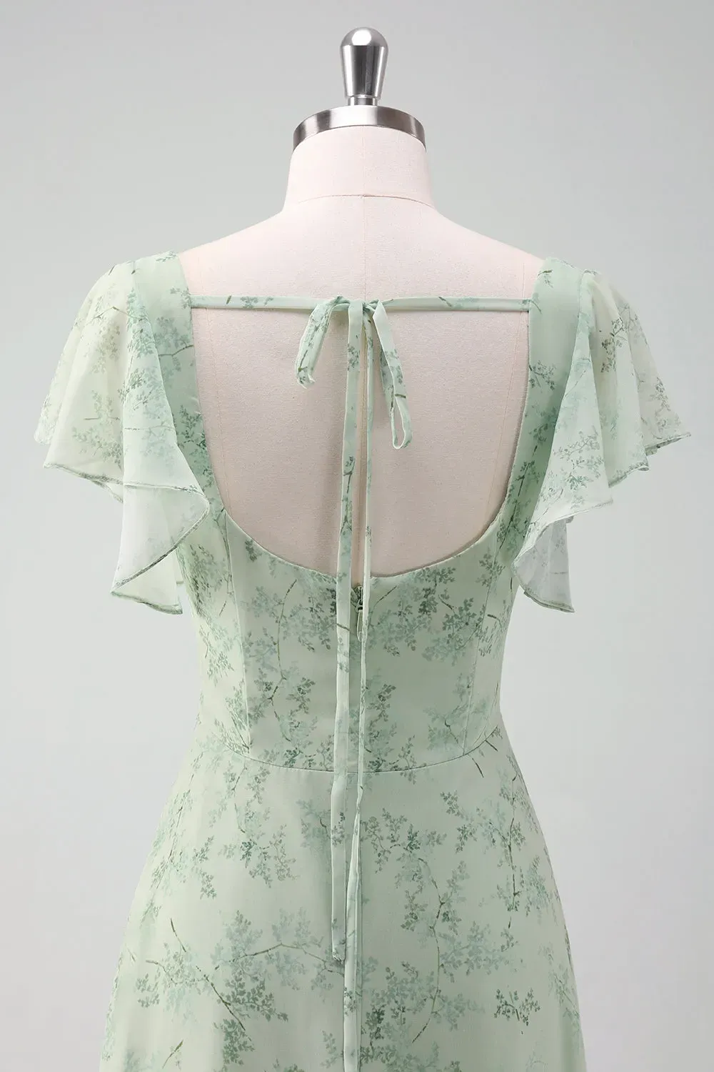 Grey Green Square Neck Floral Bridesmaid Dress with Slit