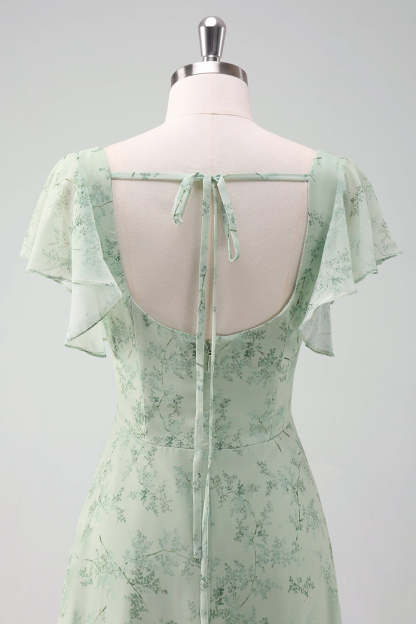 Grey Green Ruffled Floral Bridesmaid Dress with Slit