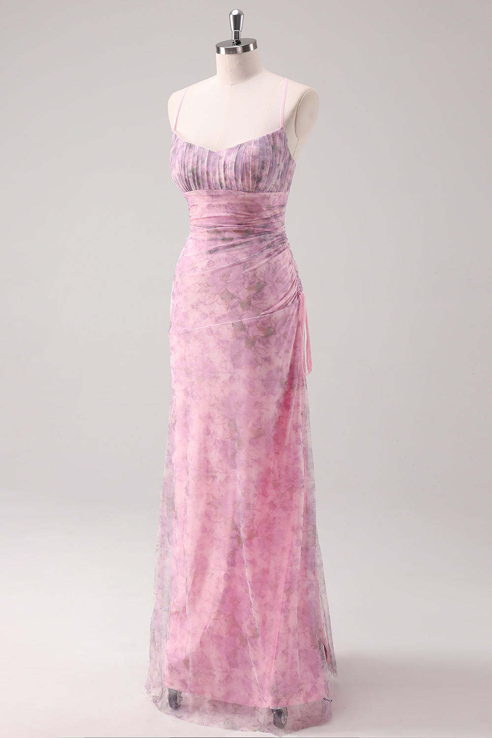 Pink Floral Spaghetti Straps Sheath Prom Dress with Criss Cross Back