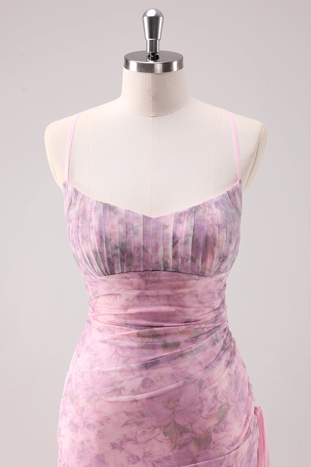 Pink Floral Spaghetti Straps Sheath Prom Dress with Criss Cross Back