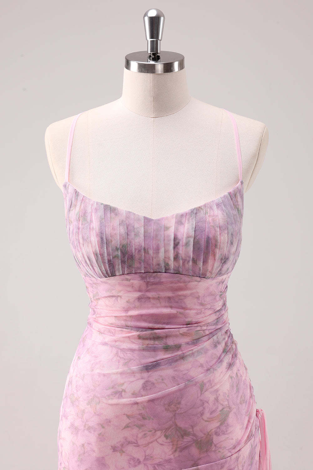 Pink Floral Spaghetti Straps Sheath Prom Dress with Criss Cross Back