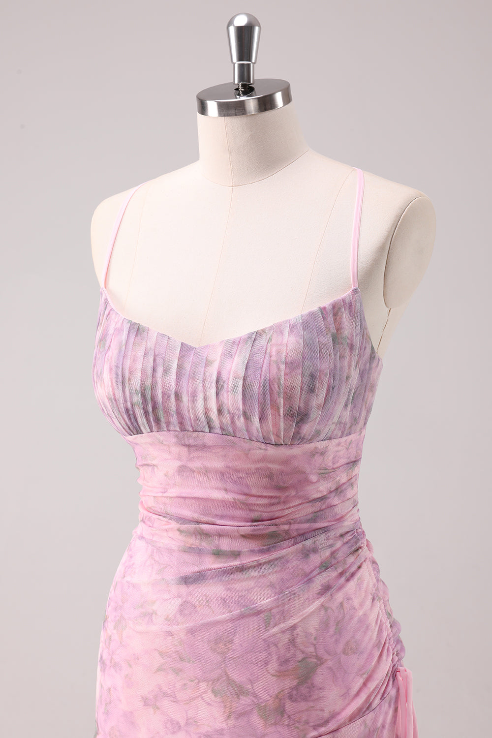 Pink Floral Spaghetti Straps Sheath Prom Dress with Criss Cross Back