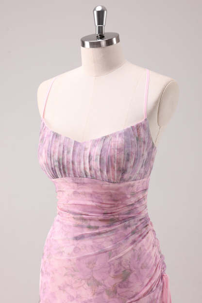 Pink Floral Spaghetti Straps Sheath Prom Dress with Criss Cross Back