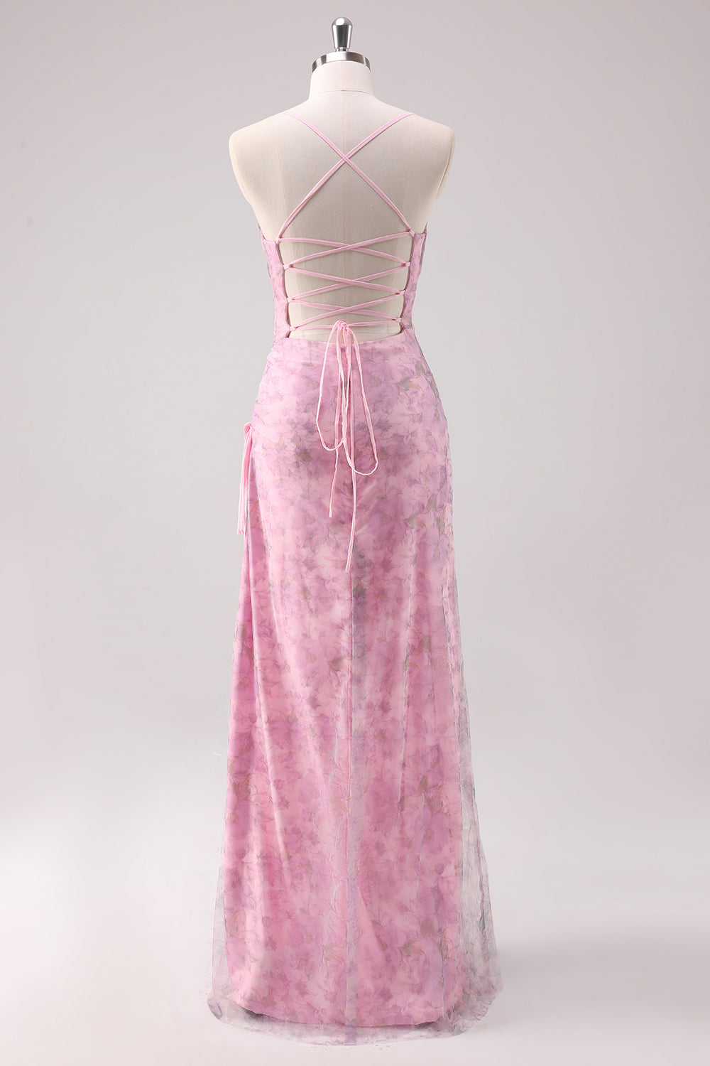Pink Floral Spaghetti Straps Sheath Prom Dress with Criss Cross Back