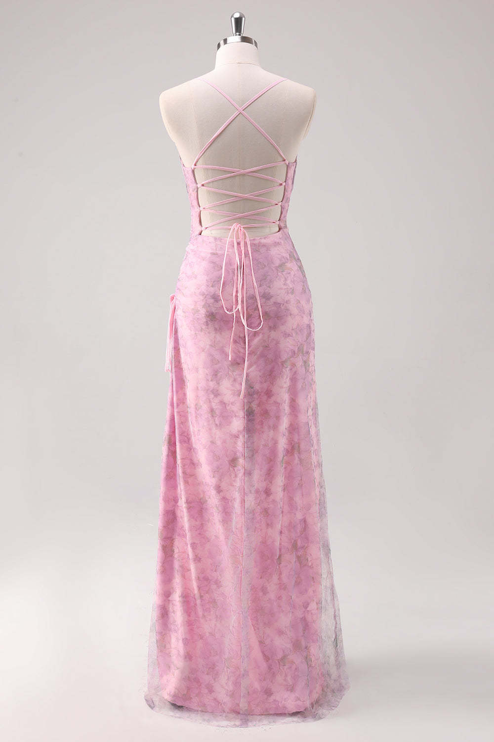Pink Floral Spaghetti Straps Sheath Prom Dress with Criss Cross Back