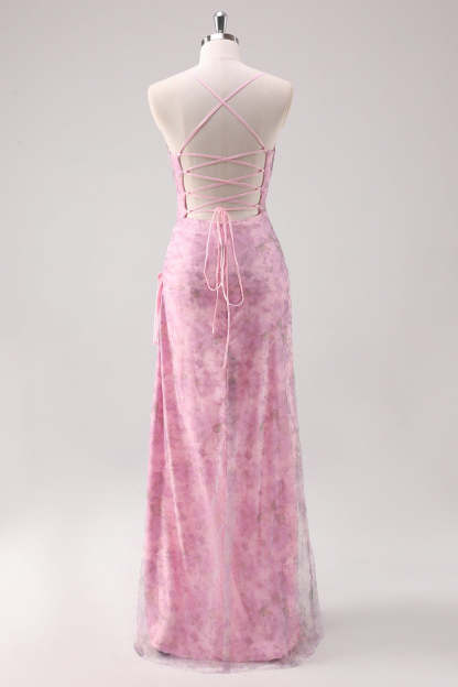 Pink Floral Spaghetti Straps Sheath Prom Dress with Criss Cross Back