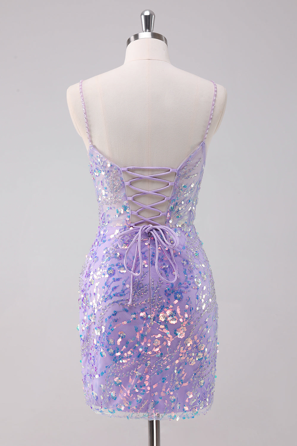 Glitter Purple Bodycon Spaghetti Straps Short Homecoming Dress with Lace Up Back