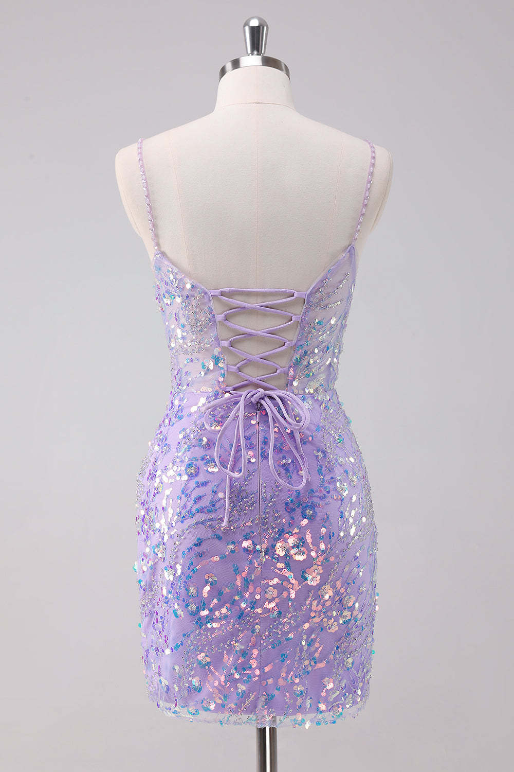 Glitter Purple Bodycon Spaghetti Straps Short Homecoming Dress with Lace Up Back