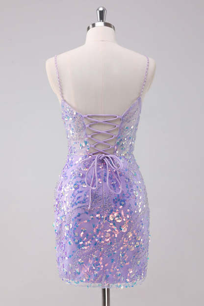 Glitter Purple Bodycon Spaghetti Straps Short Homecoming Dress with Lace Up Back