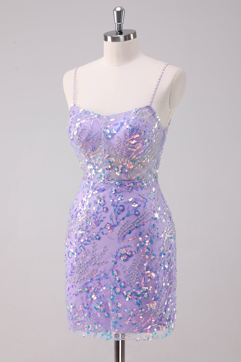 Glitter Purple Bodycon Spaghetti Straps Short Homecoming Dress with Lace Up Back