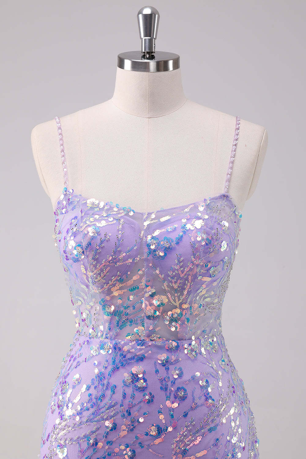 Glitter Purple Bodycon Spaghetti Straps Short Homecoming Dress with Lace Up Back