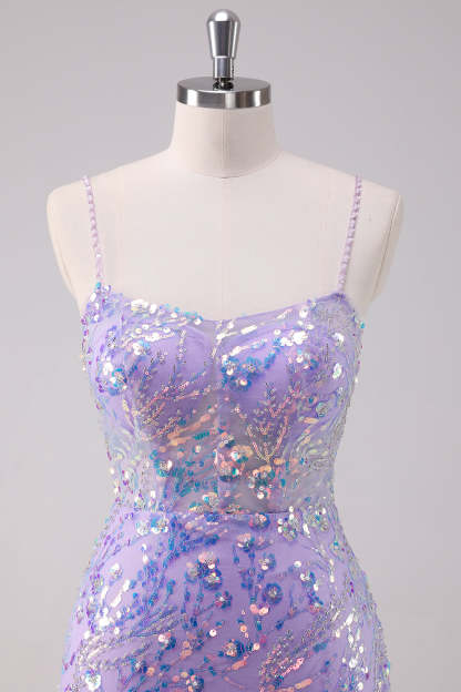 Glitter Purple Bodycon Spaghetti Straps Short Homecoming Dress with Lace Up Back