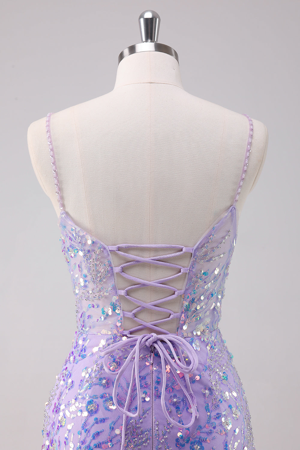 Glitter Purple Bodycon Spaghetti Straps Short Homecoming Dress with Lace Up Back