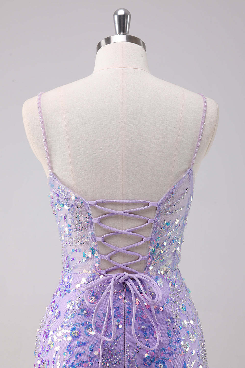 Glitter Purple Bodycon Spaghetti Straps Short Homecoming Dress with Lace Up Back