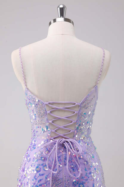 Glitter Purple Bodycon Spaghetti Straps Short Homecoming Dress with Lace Up Back