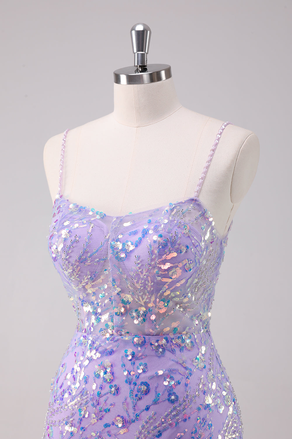 Glitter Purple Bodycon Spaghetti Straps Short Homecoming Dress with Lace Up Back