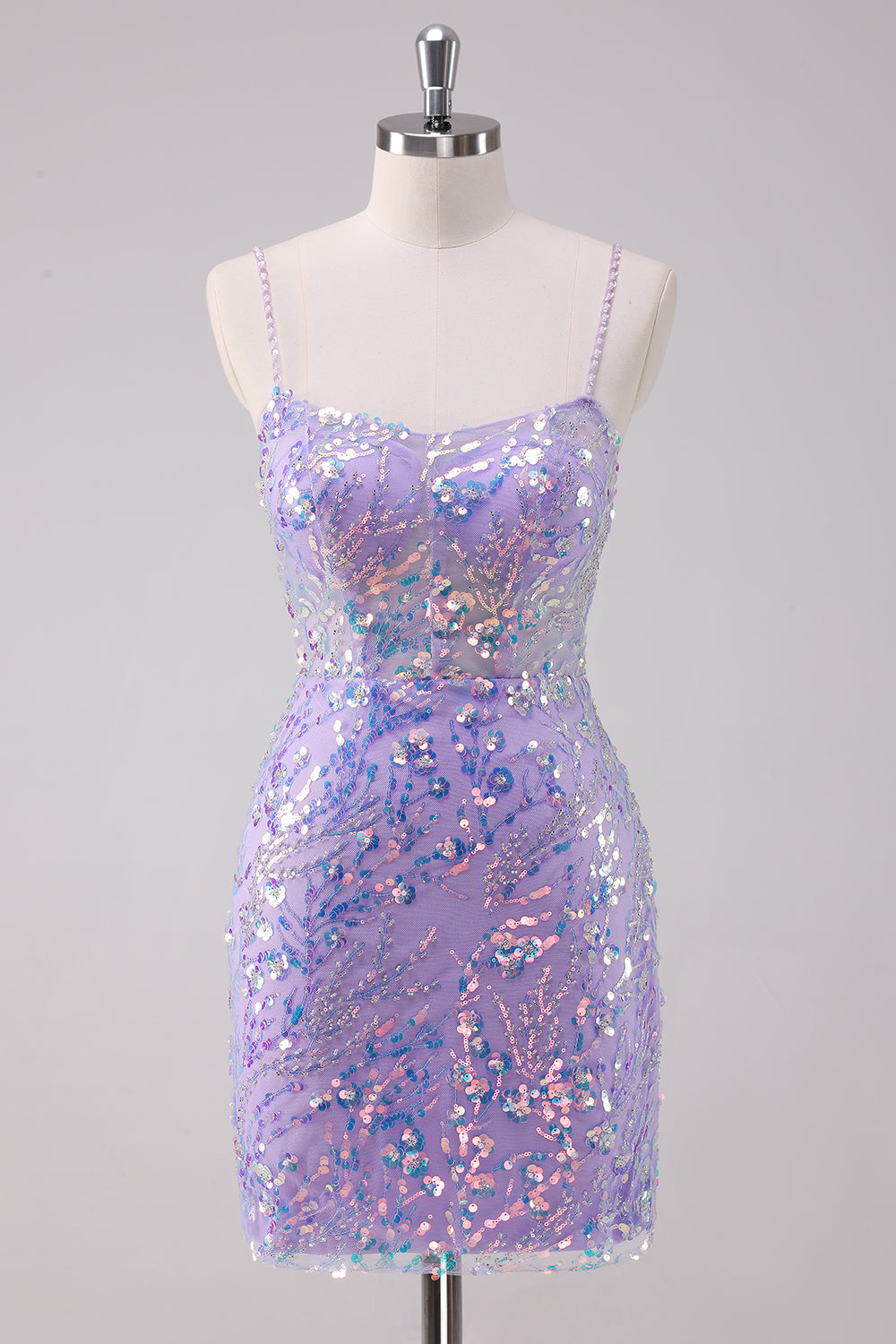 Glitter Purple Bodycon Spaghetti Straps Short Homecoming Dress with Lace Up Back