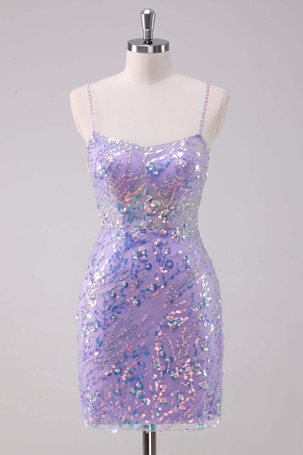 Glitter Purple Bodycon Spaghetti Straps Short Homecoming Dress with Lace Up Back