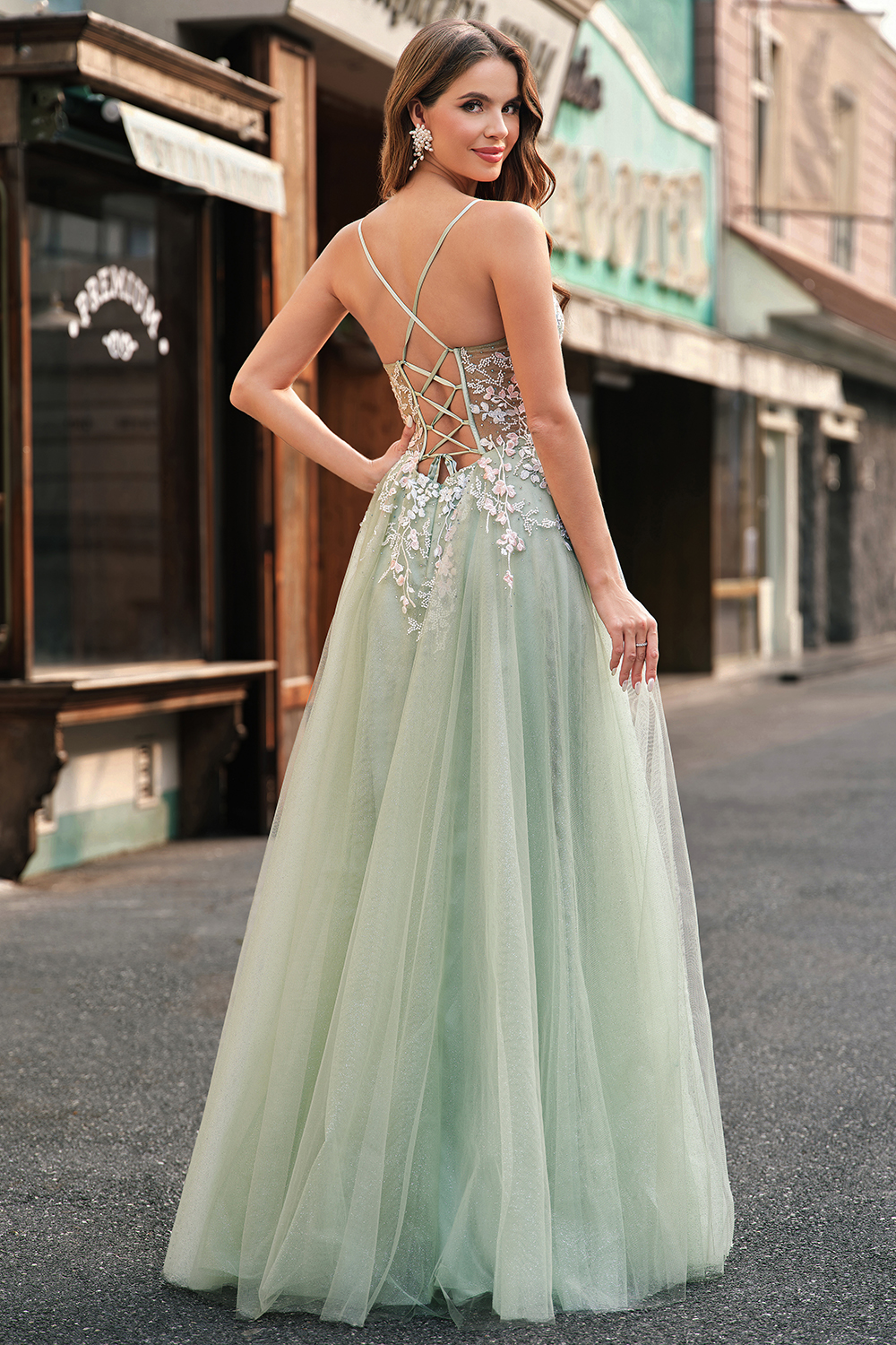 Glitter Sage Spaghetti Straps Applique Tulle Prom Dress