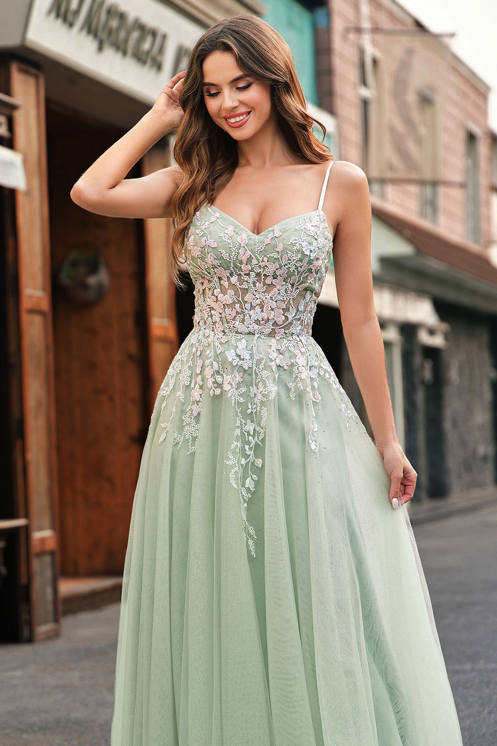 Sage Spaghetti Straps Corset Applique Tulle A Line Prom Dress