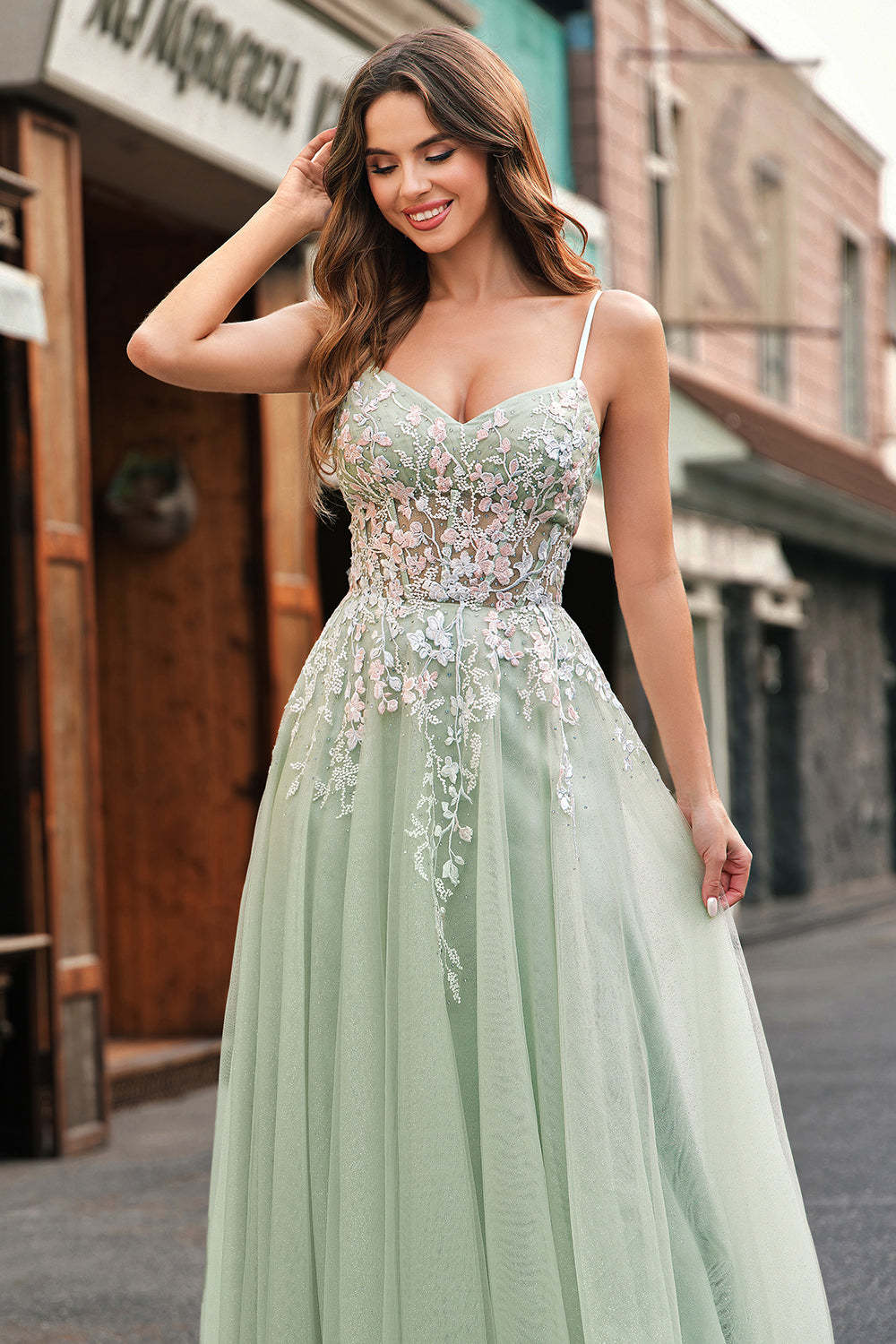 Sage Spaghetti Straps Corset Applique Tulle A Line Prom Dress