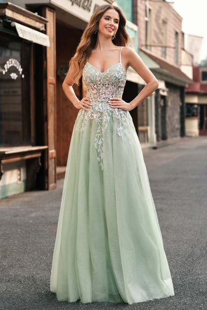 Sage Spaghetti Straps Corset Applique Tulle A Line Prom Dress