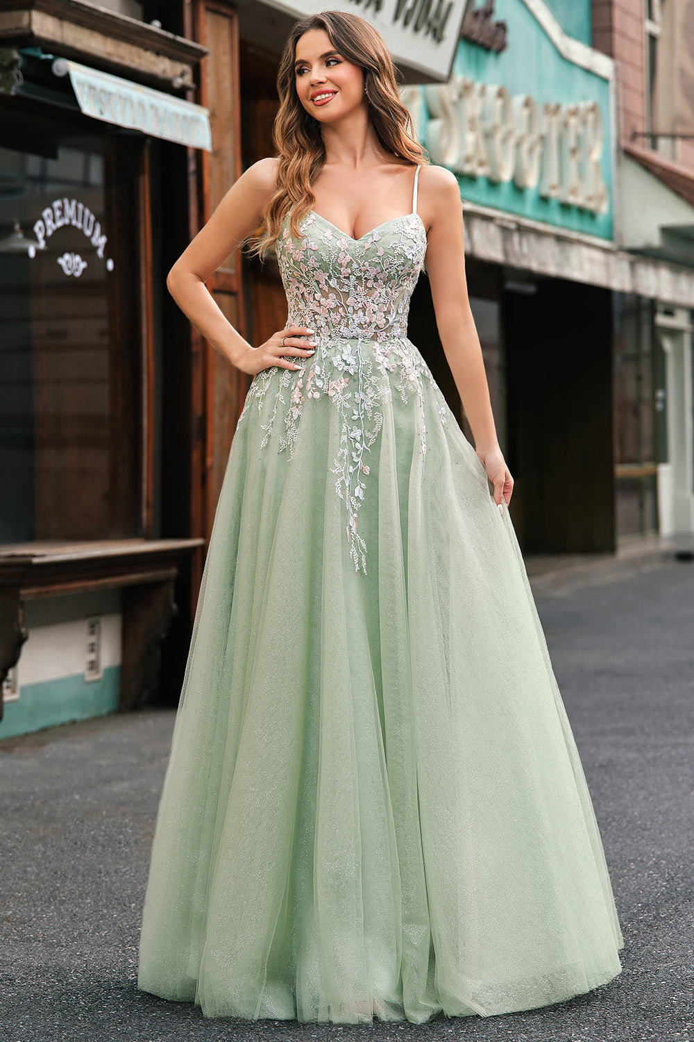 Sage Spaghetti Straps Corset Applique Tulle A Line Prom Dress