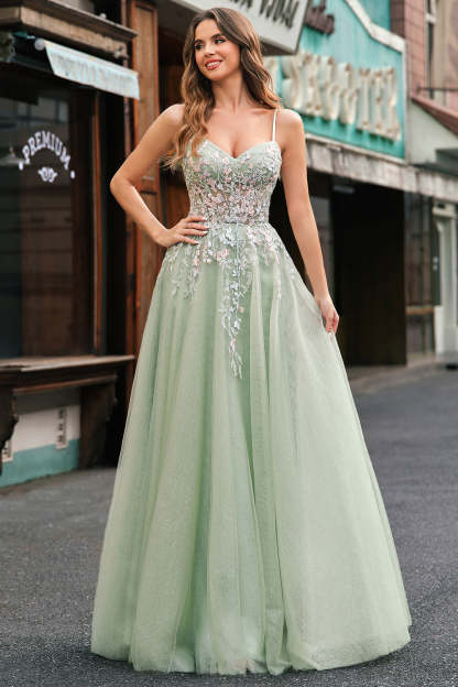 Leely Women Glitter Sage Applique Tulle Prom Dress Spaghetti Straps A-Line Long Formal Dress with Criss Cross Back