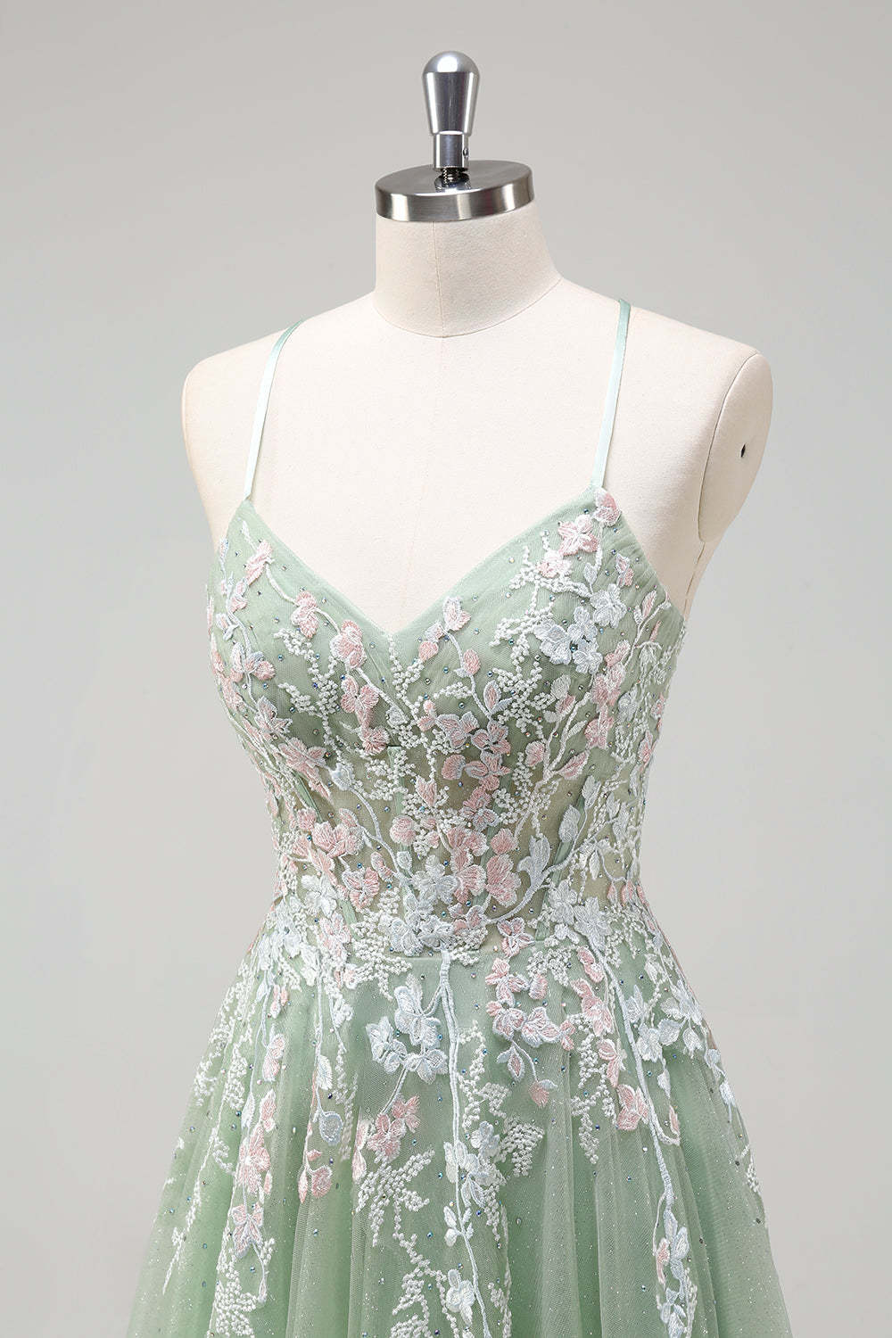 Glitter Sage Spaghetti Straps Applique Tulle Prom Dress