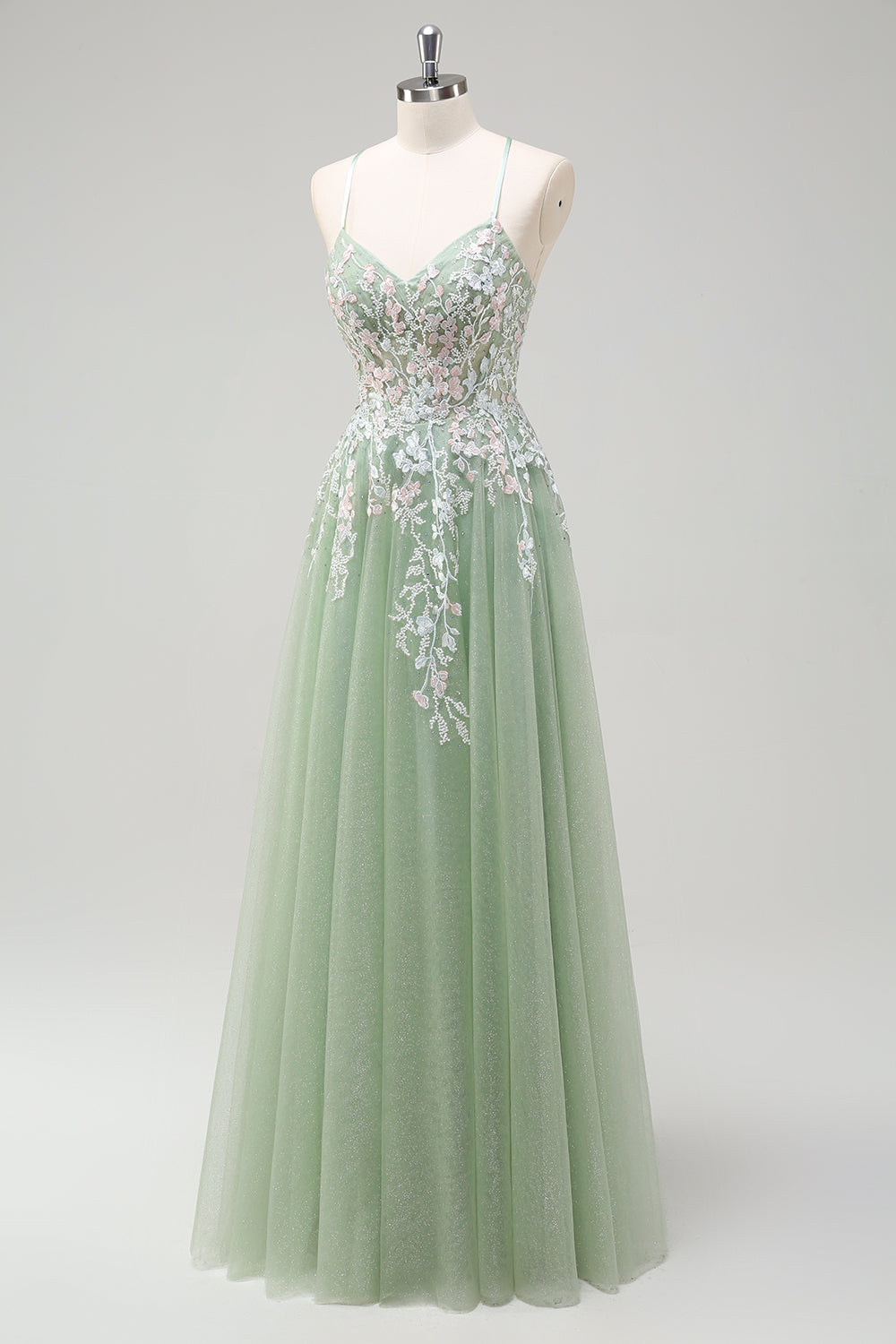 Glitter Sage Spaghetti Straps Applique Tulle Prom Dress