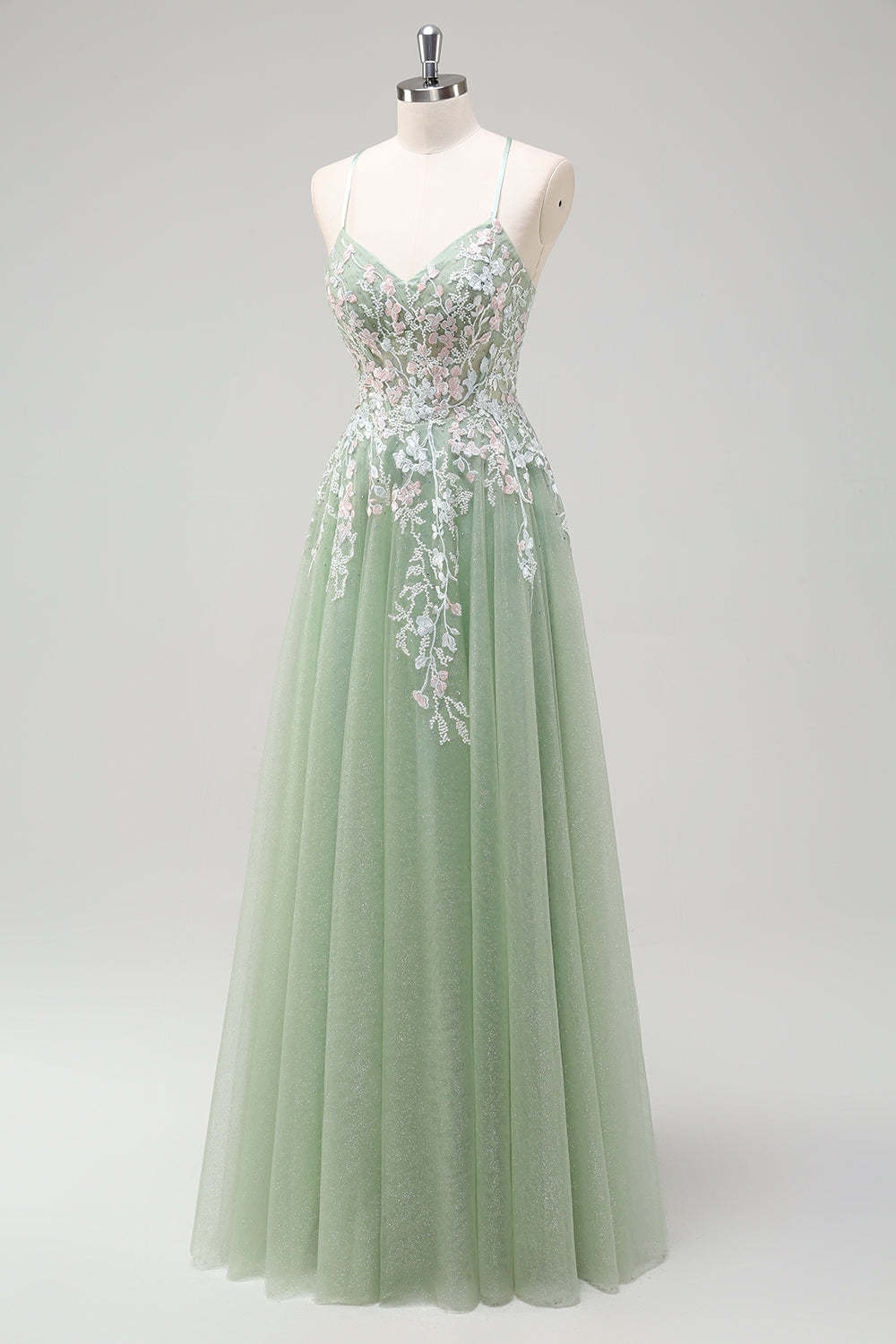 Glitter Sage Spaghetti Straps Applique Tulle Prom Dress