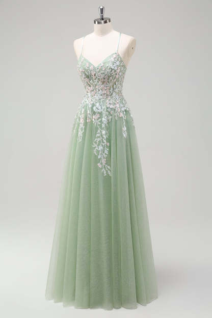 Glitter Sage Spaghetti Straps Applique Tulle Prom Dress