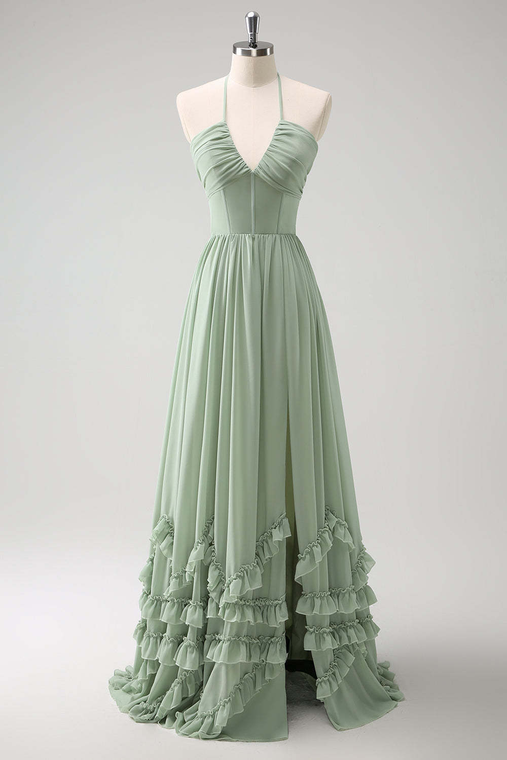 Leely Women Dusty Sage Halter Ruffled Bridesmaid Dress with Slit Lace-Up Back Long Wedding Guest Dress