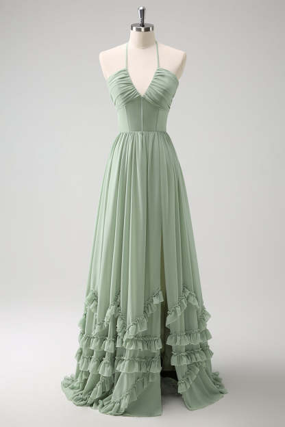 Leely Women Dusty Sage Halter Ruffled Bridesmaid Dress with Slit Lace-Up Back Long Wedding Guest Dress