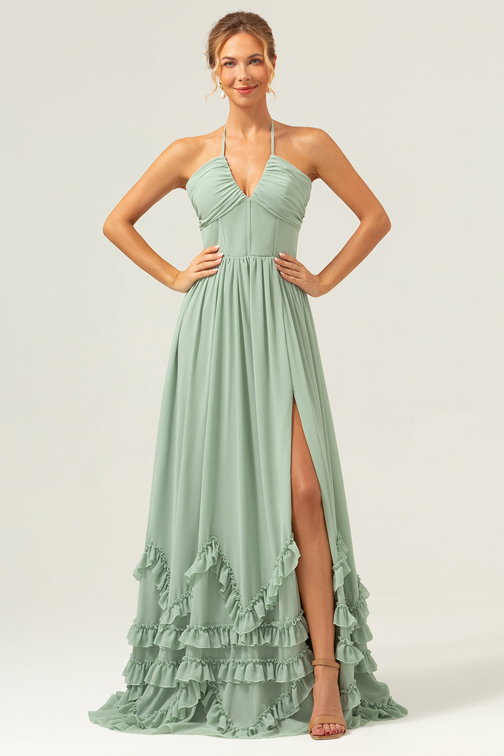 Dusty Sage Halter Corset Ruffled Chiffon Bridesmaid Dress with Slit