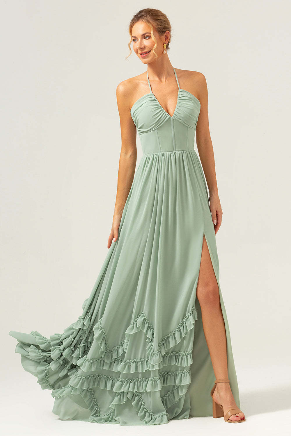 Dusty Sage Halter Corset Ruffled Chiffon Bridesmaid Dress with Slit