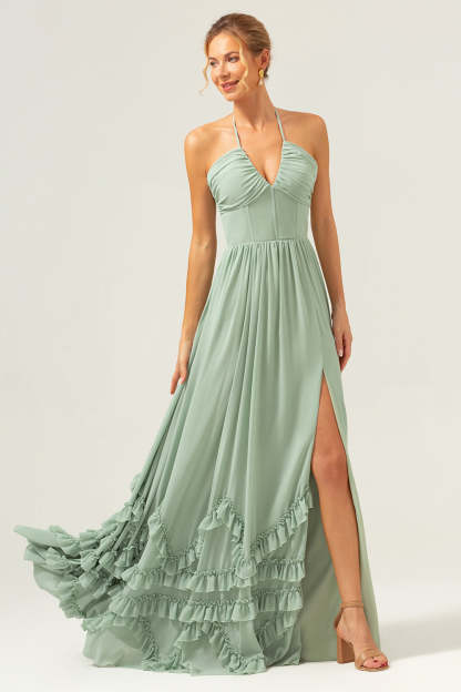 Dusty Sage Halter Corset Ruffled Chiffon Bridesmaid Dress with Slit