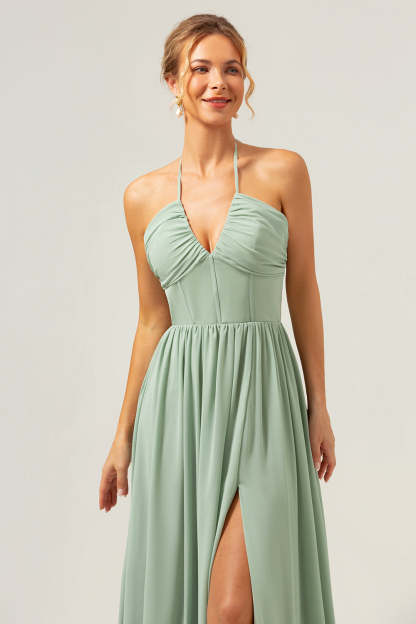 Dusty Sage Halter Corset Ruffled Chiffon Bridesmaid Dress with Slit