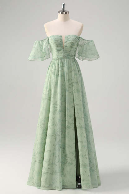 Dusty Sage A Line Pleated Floral Chiffon Bridesmaid Dress with Slit