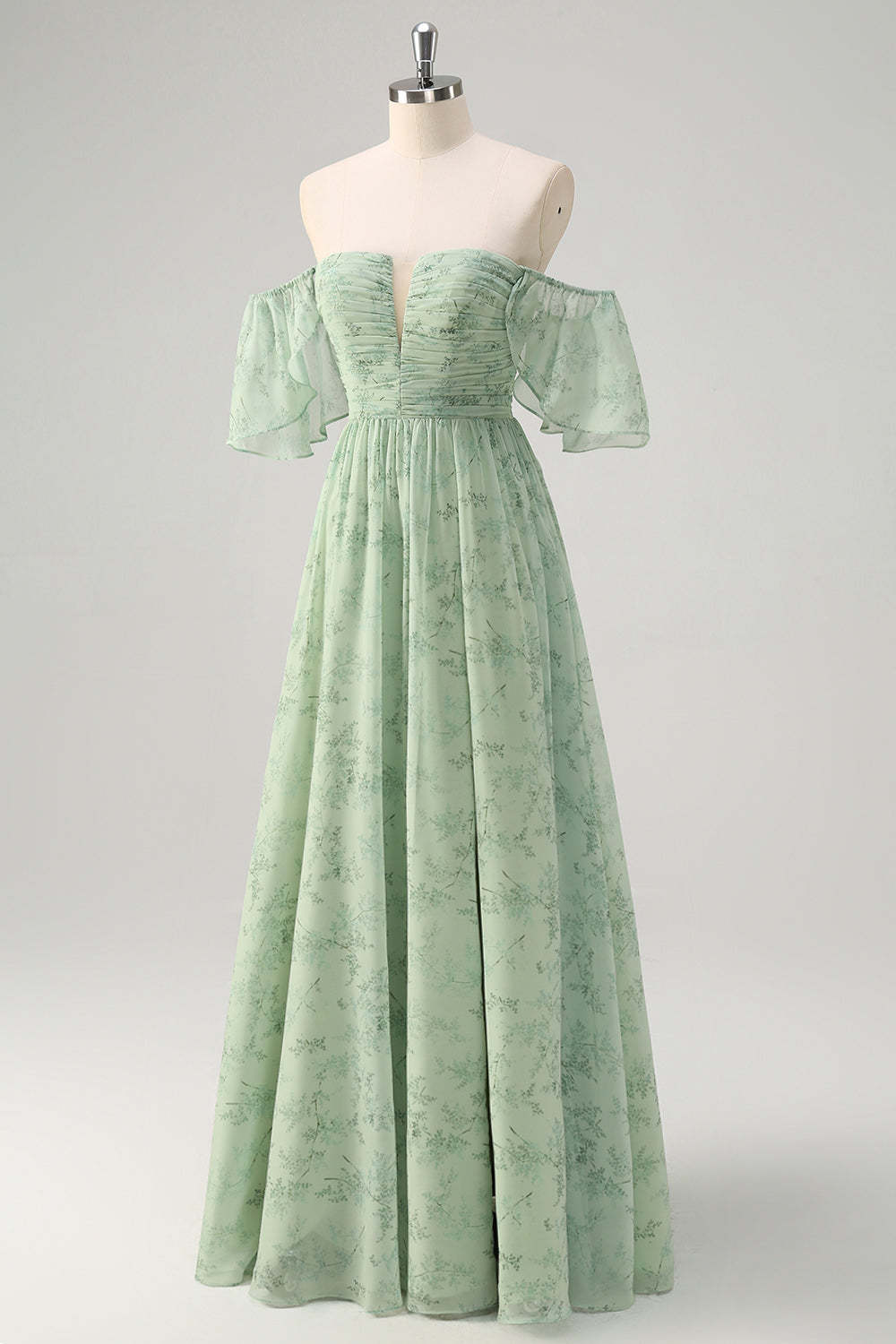 Dusty Sage A Line Off the Shoulder Print Wedding Guest Dress with Slit
