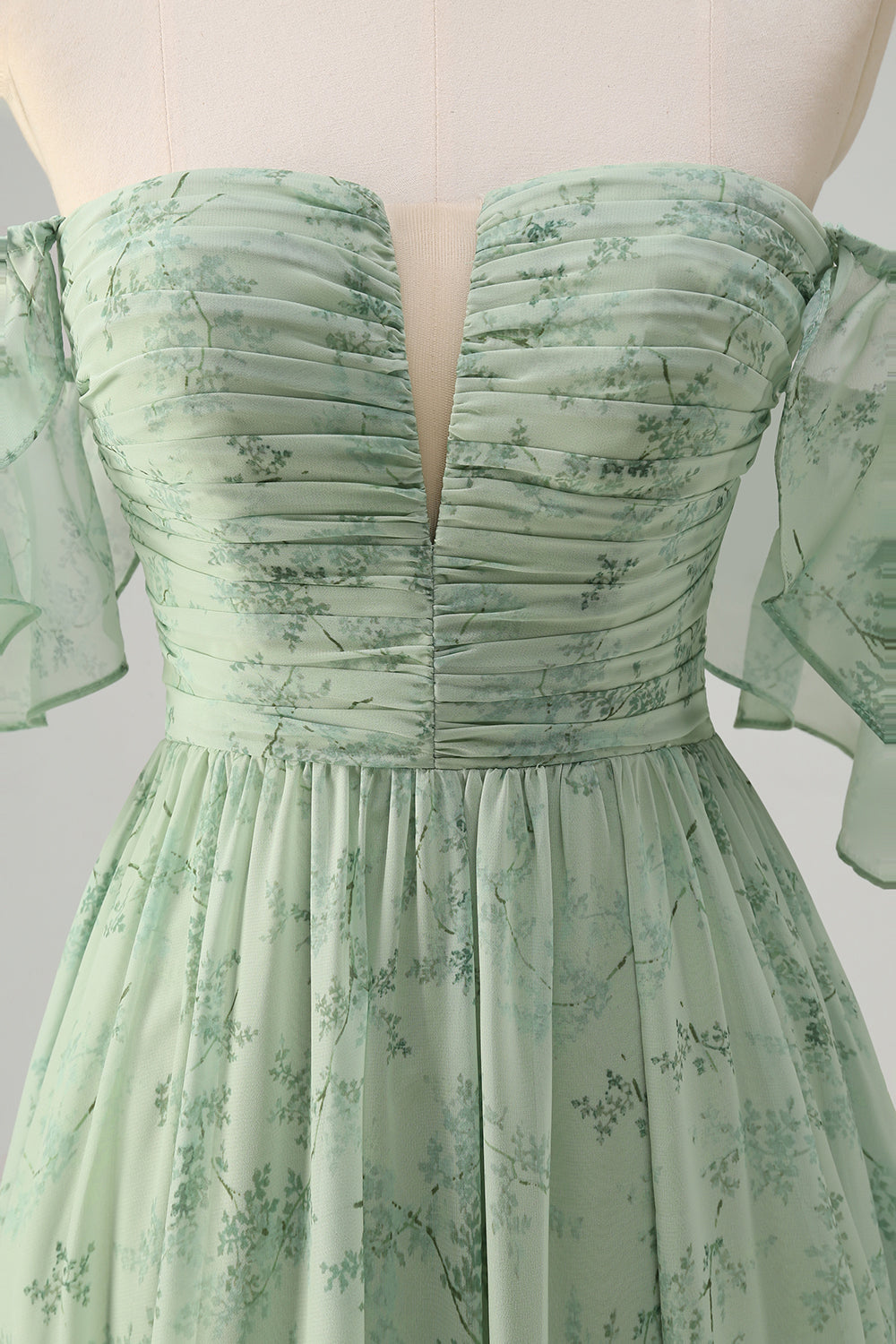 Dusty Sage A Line Off the Shoulder Print Wedding Guest Dress with Slit