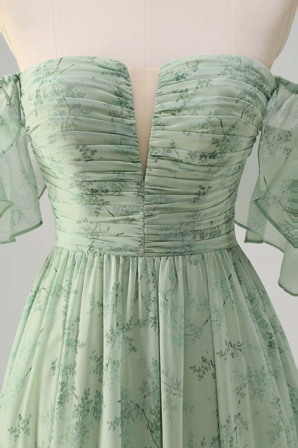 Dusty Sage A Line Off the Shoulder Print Wedding Guest Dress with Slit