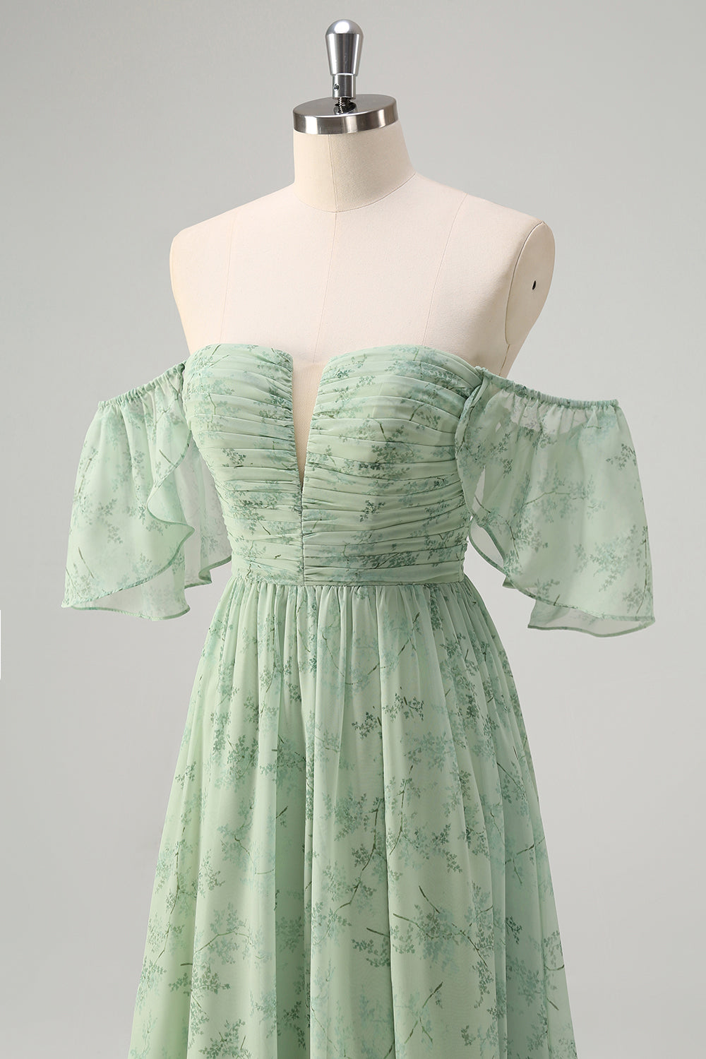 Dusty Sage A Line Off the Shoulder Print Wedding Guest Dress with Slit