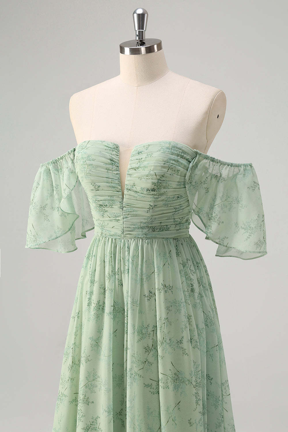 Dusty Sage A Line Off the Shoulder Print Wedding Guest Dress with Slit