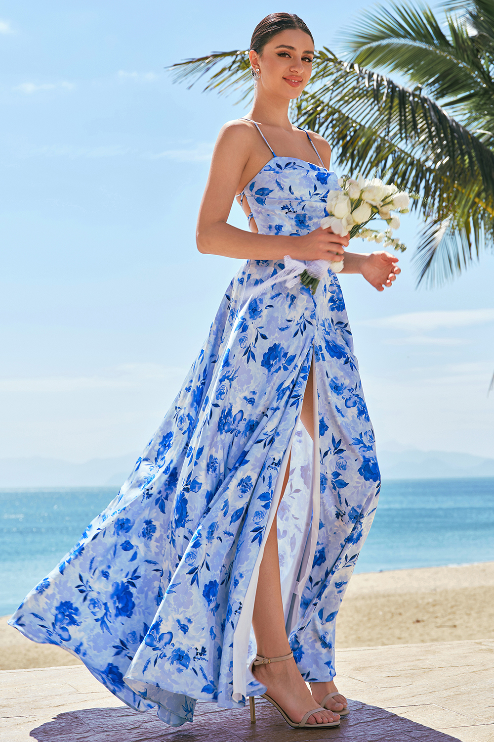 Blue A-Line Floral Printed Bridesmaid Dress with Criss Cross Back