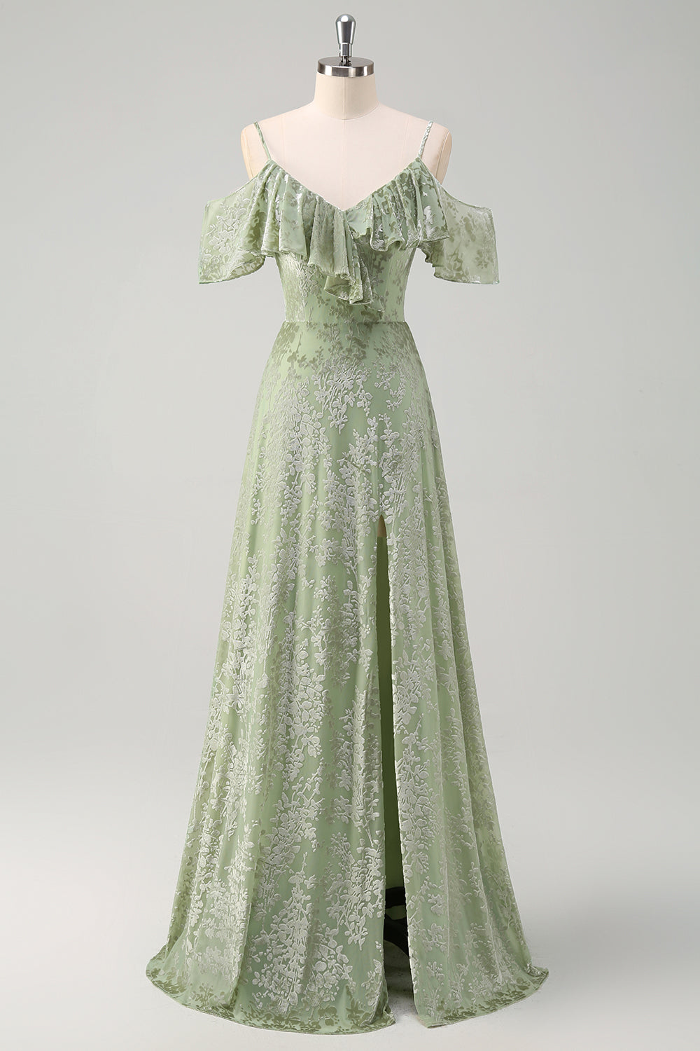 Dusty Sage Cold Shoulder Floral Printed Bridesmaid Dress with Slit