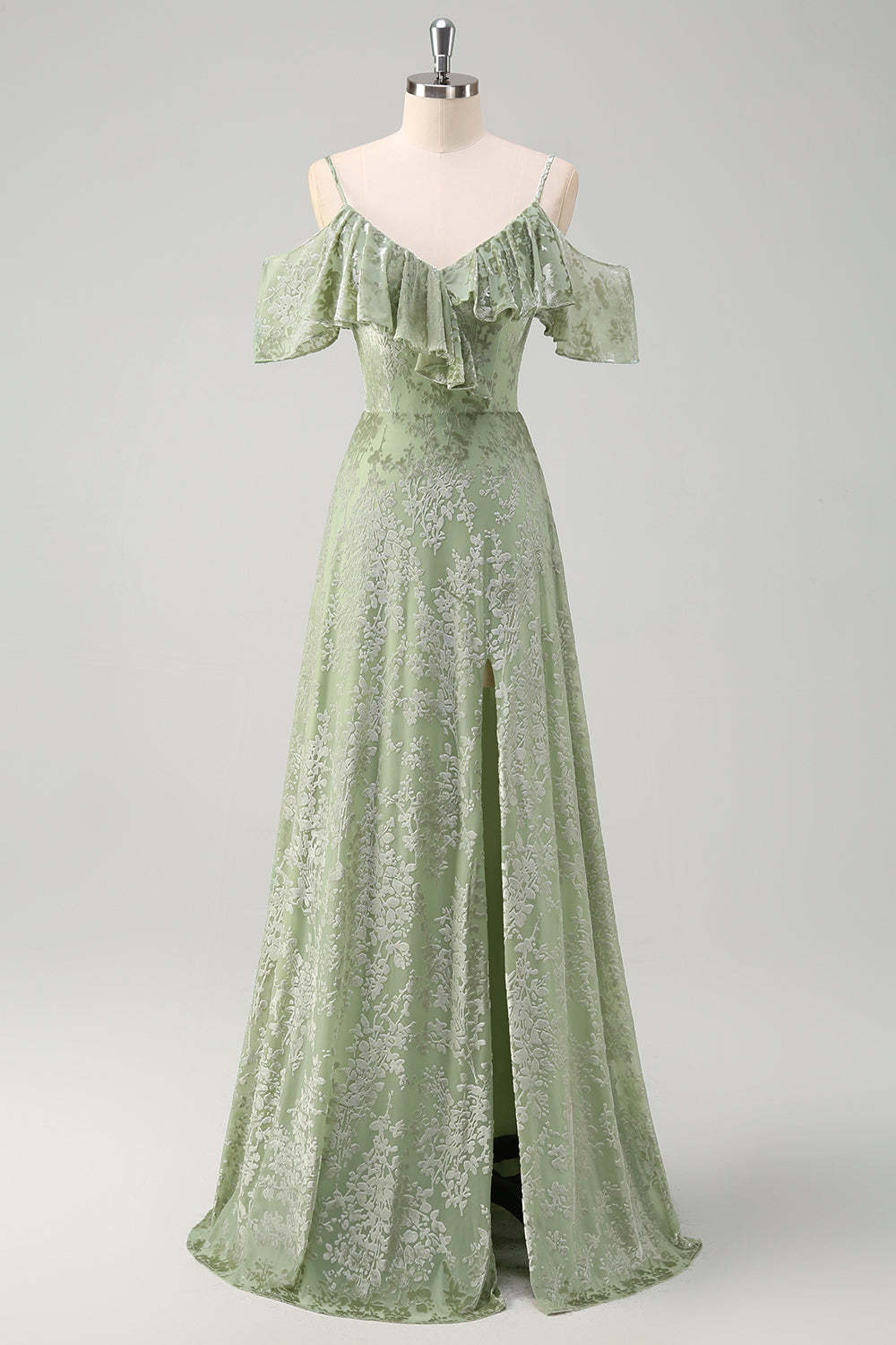 Dusty Sage Cold Shoulder Floral Printed Bridesmaid Dress with Slit