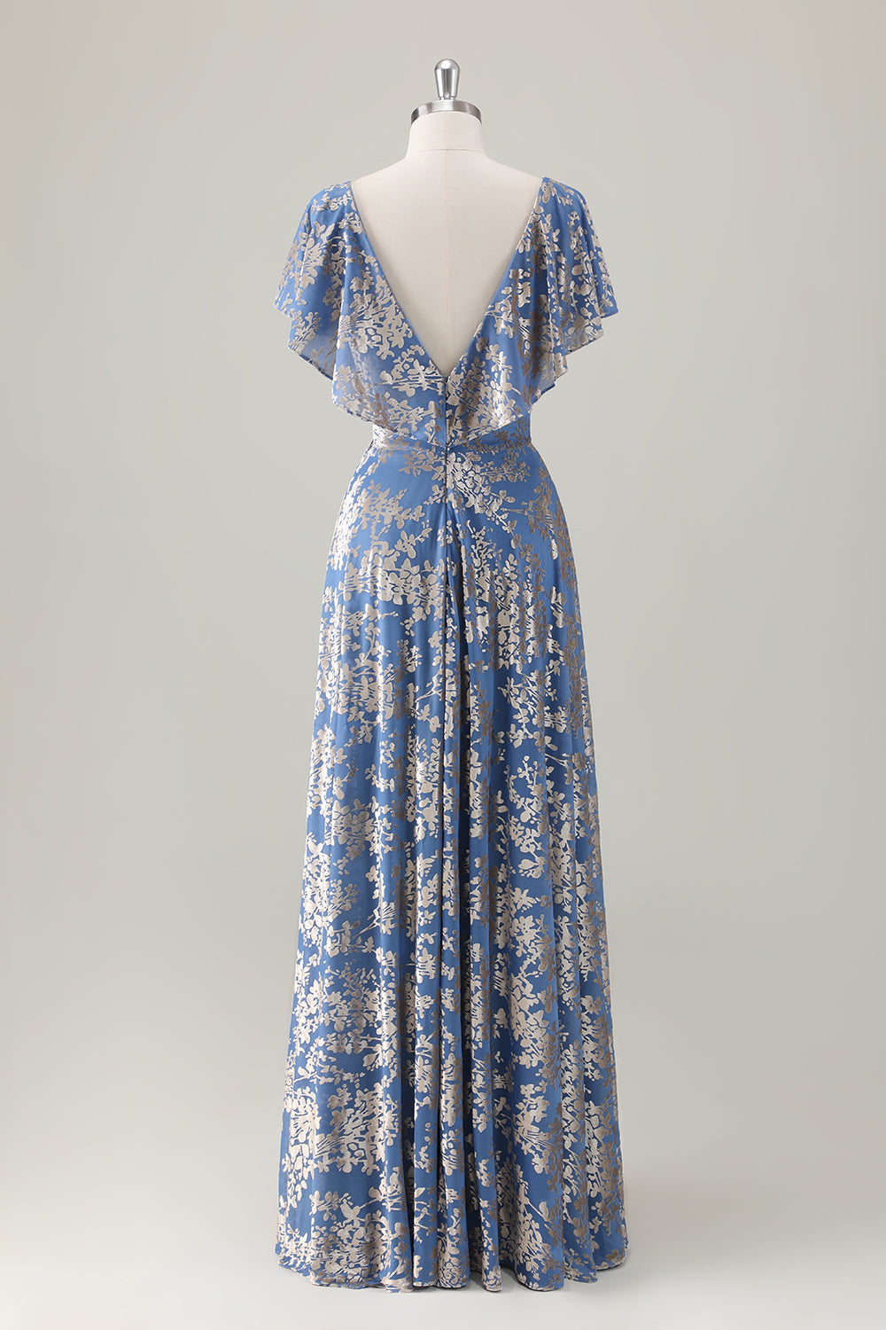 Grey Blue A-Line Floral Printed Burnout Velvet Bridesmaid Dress with Sash